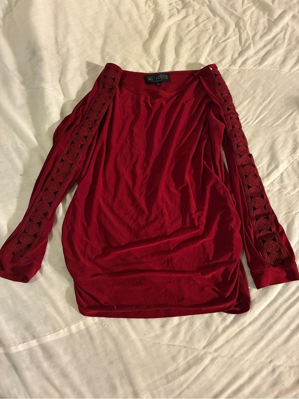 Sweet Wanderer Red Crochet-Sleeve Cold Shoulder Top